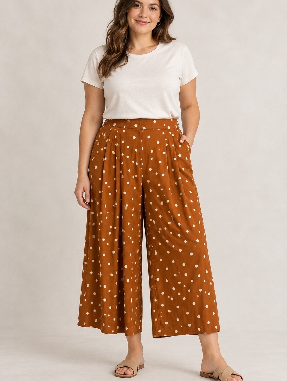Anthropologie Rust Polka Dot Lyocell Pleated Wide Leg Cropped Pants L